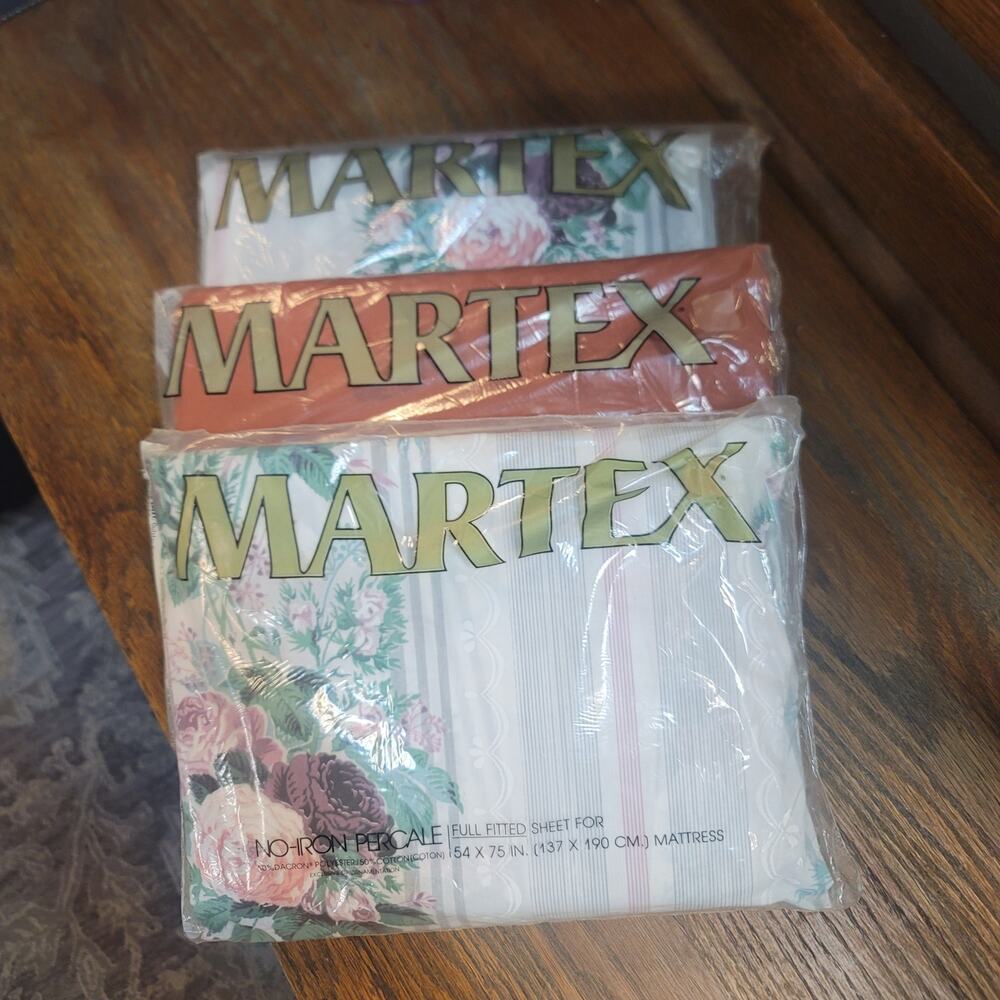 Set of 3 Martex FULL Flat and Fitted Sheet No Iron Percale Vintage New Old Stock